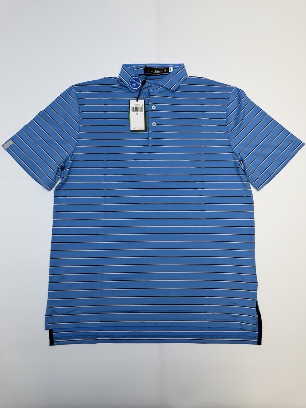 RLX Ralph Lauren Mens Medium Blue Striped Golf Polo Shirt NWT MSRP $110 Wicking